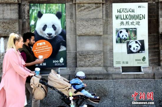 阔别五年后，德国柏林终于再度迎来一对中国大熊猫。图为7月4日，一家三口经过柏林动物园外张贴的大熊猫海报。7月5日，这对来自中国的“萌物”将正式与德国公众见面。<span target='_blank' href='http://www.chinanews.com/'>中新社</span>记者 彭大伟 摄
